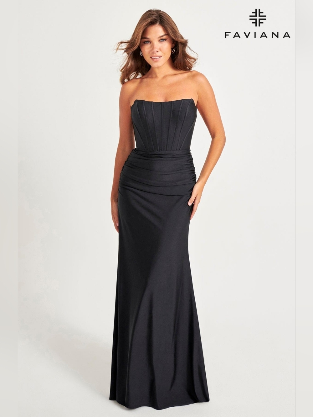 Faviana Glamour Sleek Black Strapless Formal Gown With Corset Boning Ruching SZ2
